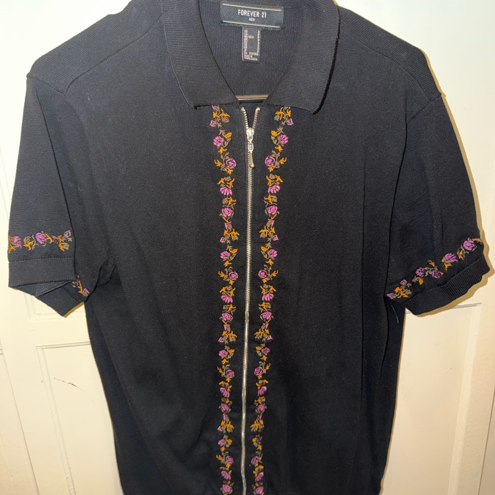 Forever 21 Black Polo Zip Shirt with Purple and Gold Floral Trim